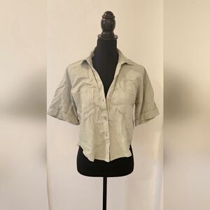 Zara Cropped Linen Button-Up Shirt | Sage Green | Size S NWT